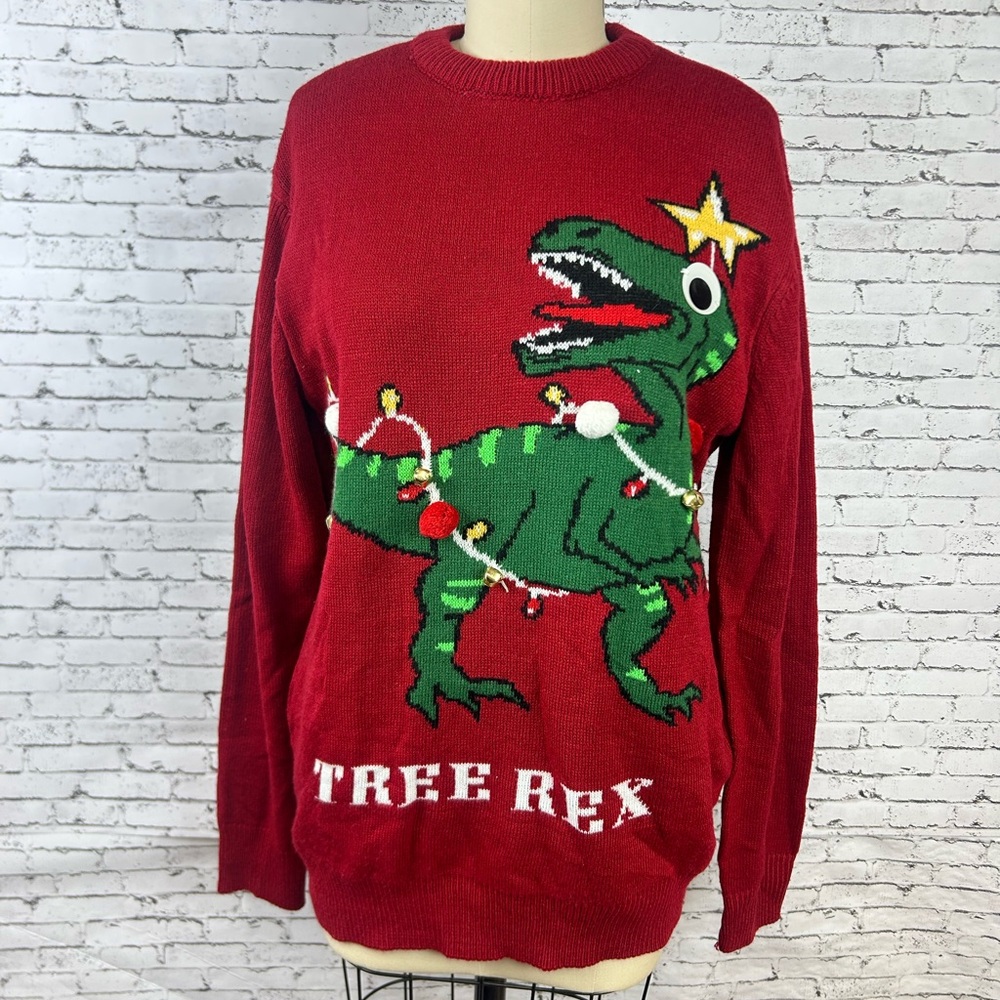 Divided | Festive Red and Green Dinosaur Tree Rex 'ugly' Sweater size S